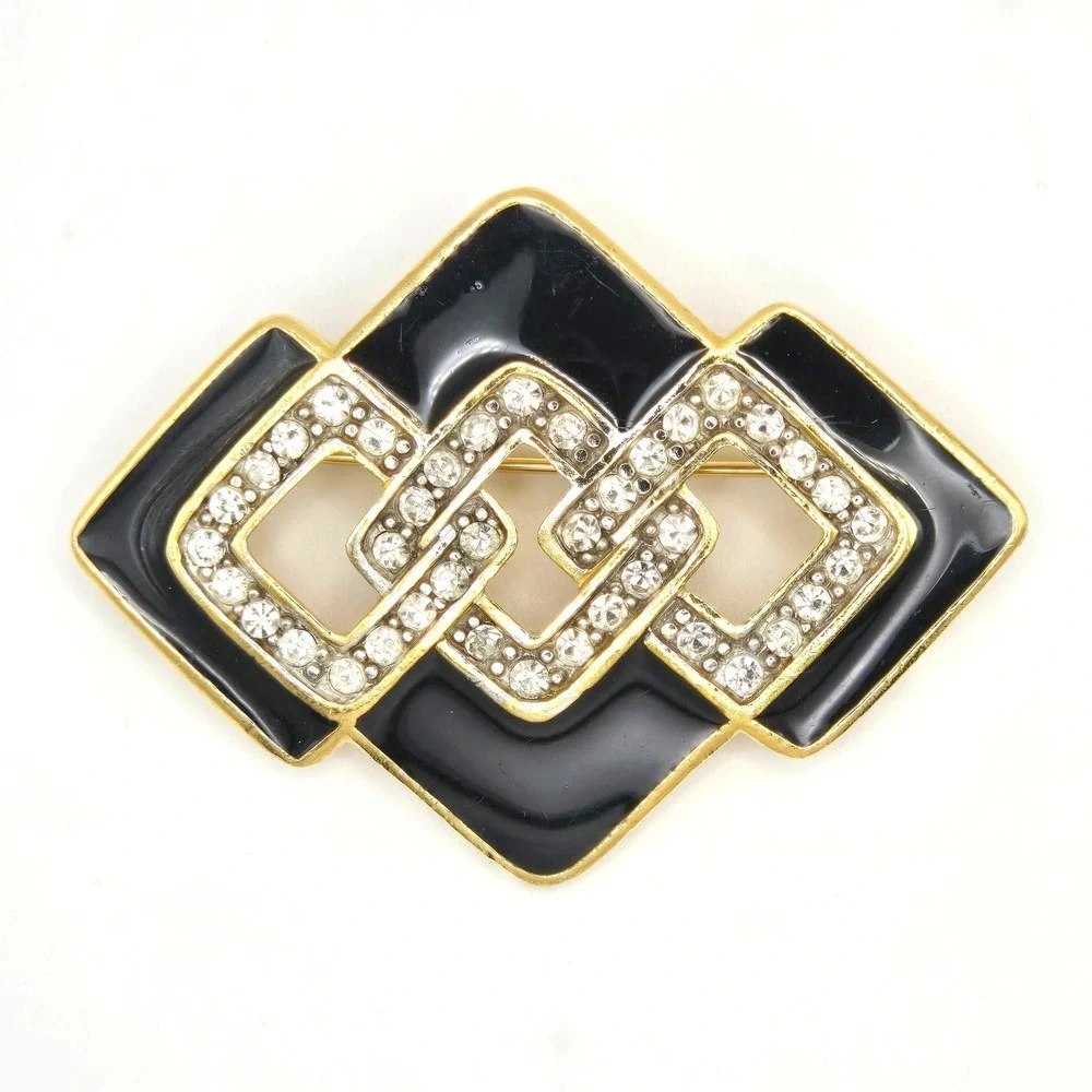 Trifari Vintage Brooch Gold Tone Black Enamel Rhinestone Geometric Pin Art Deco‎